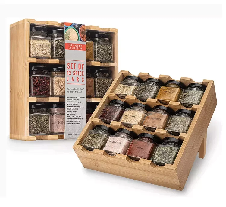 space-saving,12-Cube Bamboo Inspirations Spice Rack with glass jars Shelf Organizer can stand and hang on the wall