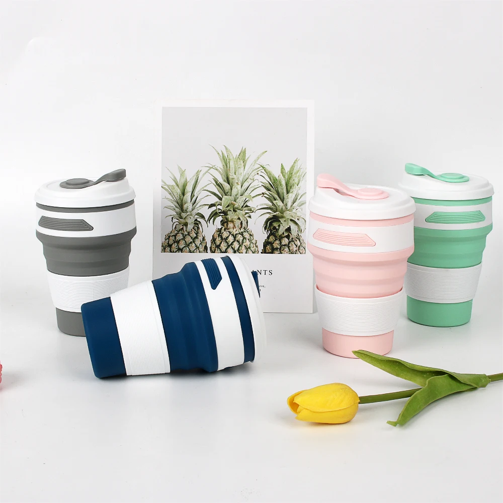 350ml Bpa Free Camping Portable Folding Reusable Drinking Coffee Tea Foldable Collapsible Silicone Travel Cup with Lids