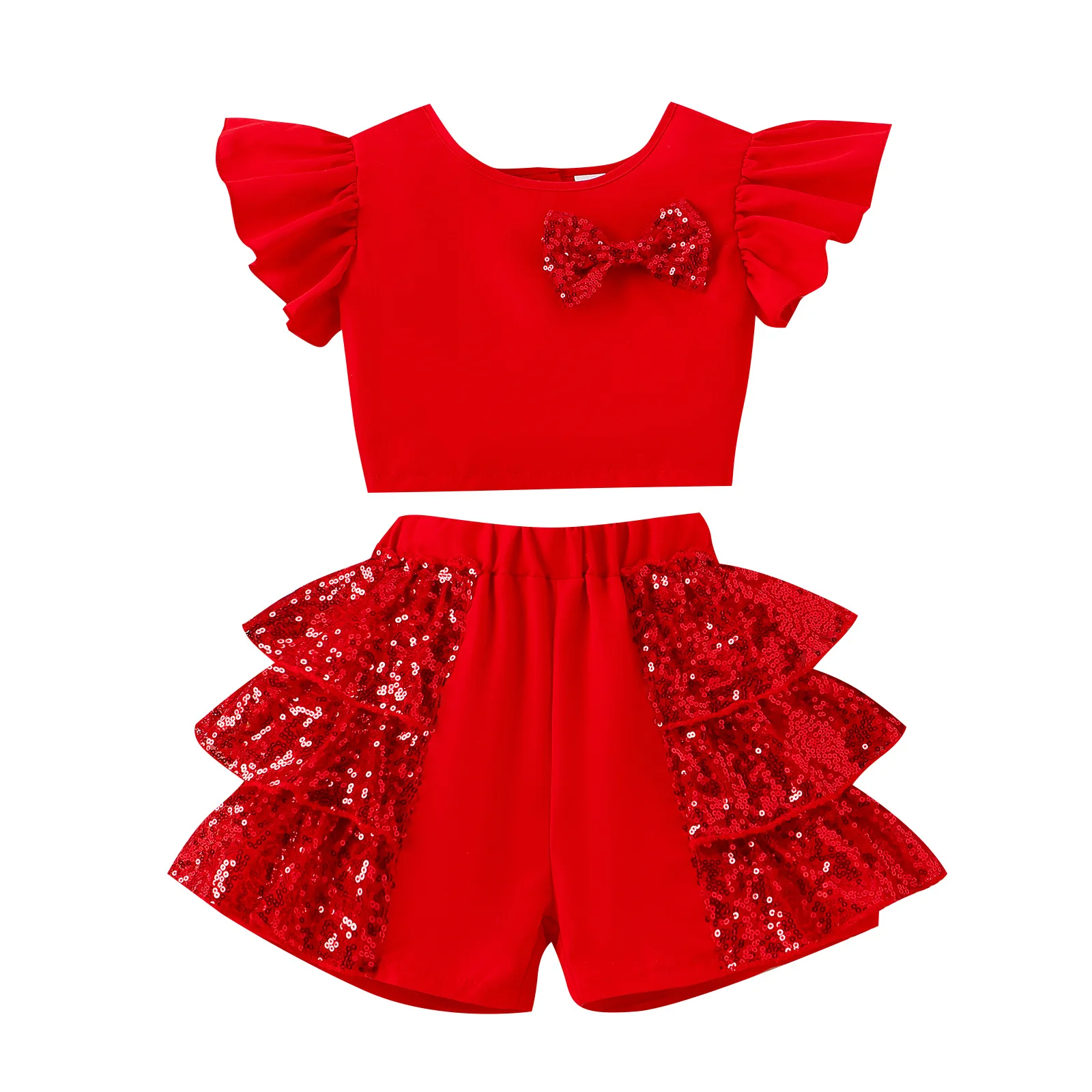 china supplier children clothes sweet summer red hot shiny girls pants sets with bow