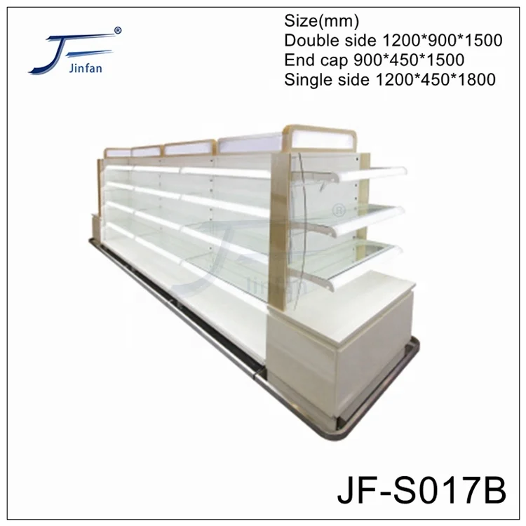 Supermarket steel and wood structure cosmetics and skin care products glass display shelf