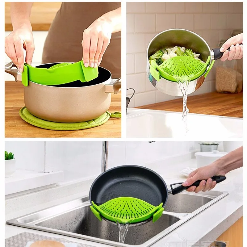 Silicone Pot Strainer Liquid Funnel Pan Strainer Kitchen Clip On Drainer Rice Washing Colander Cooking Tools