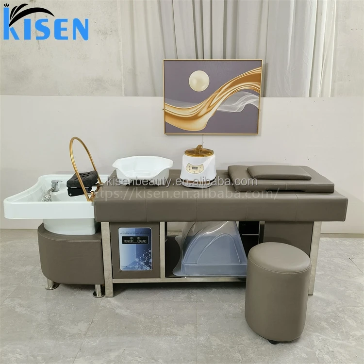 Kisen Hot Sale Salon Furniture SPA Head Water Therapy Fumigated For Massage Table Beauty Bed Shampoo Bed with Basin