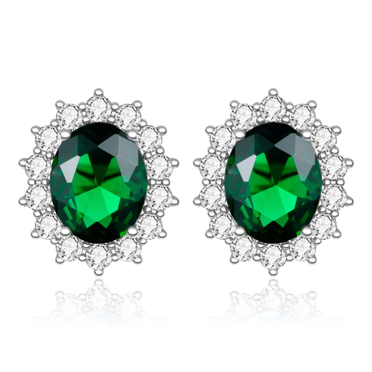Classic Princess Diana Oval Cut Gemstone Halo Emerald 925 sterling silver studs earrings