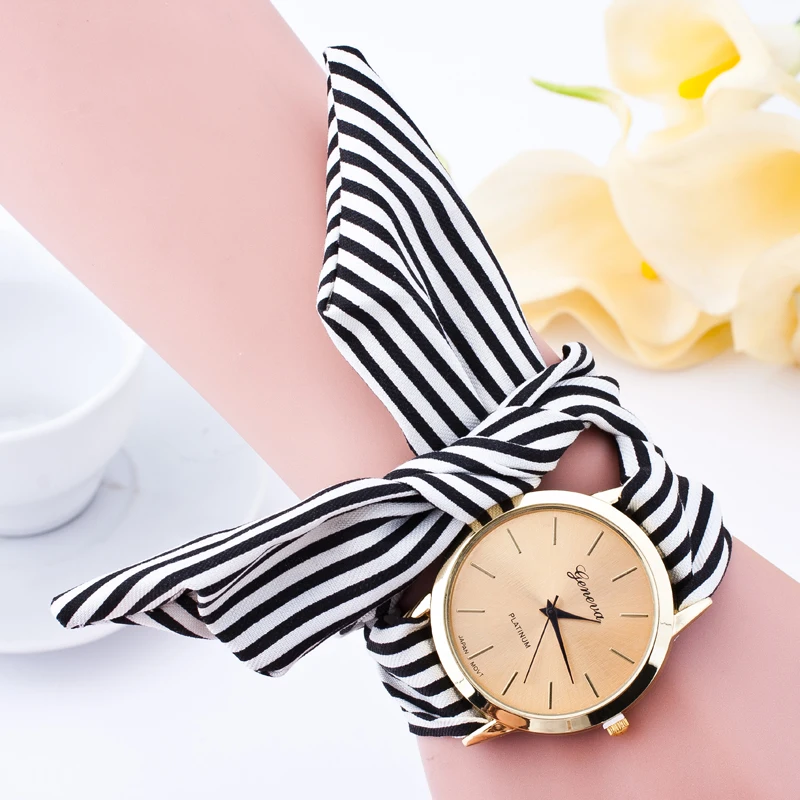 
Women Geneva Watches New Fashion Floral Cloth bow-knot Stripe Quartz Bracelet Wristwatch Lady 