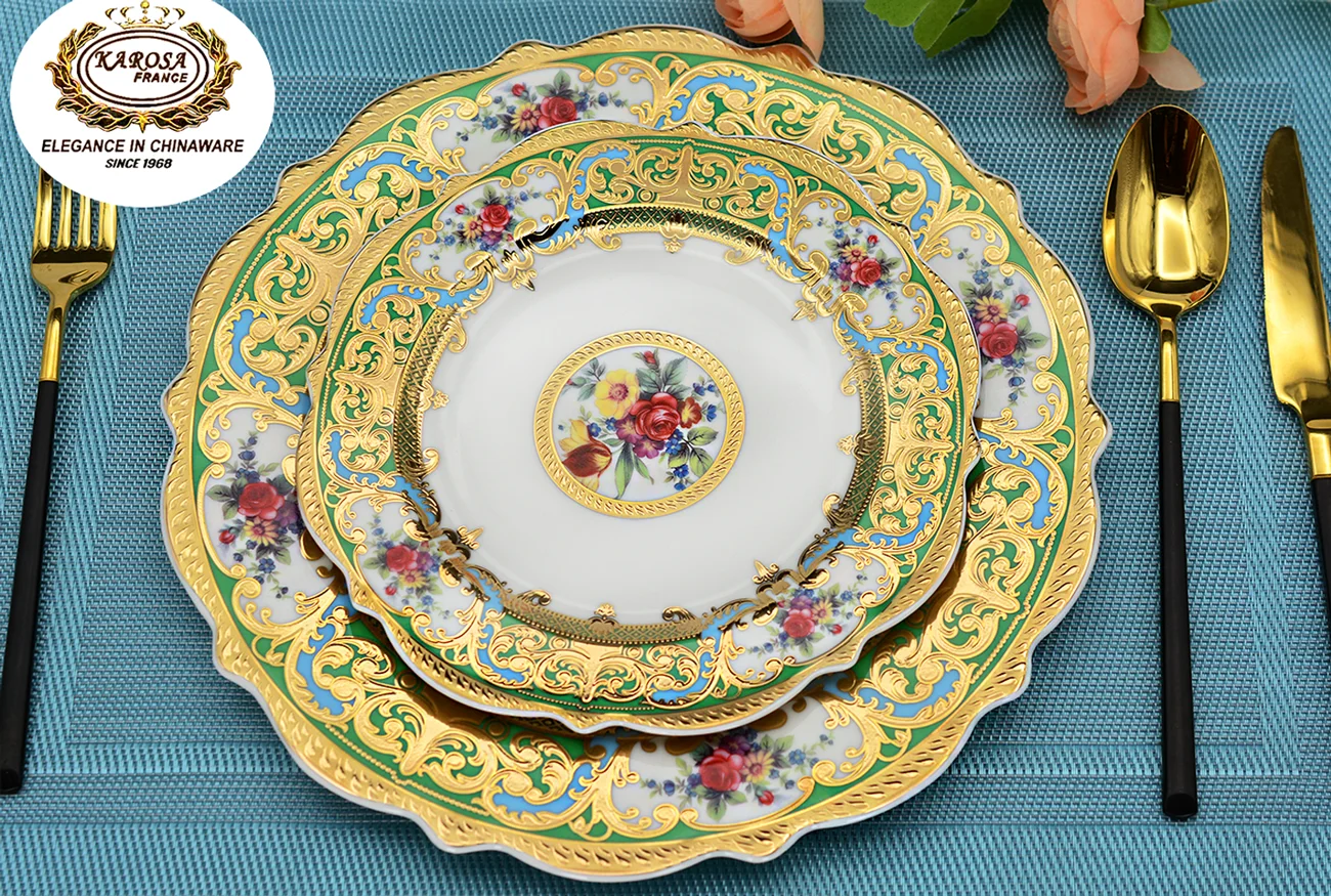 karosa 24pcs tableware including plates and bowls colorful festival golden bone china luxury dinner sets