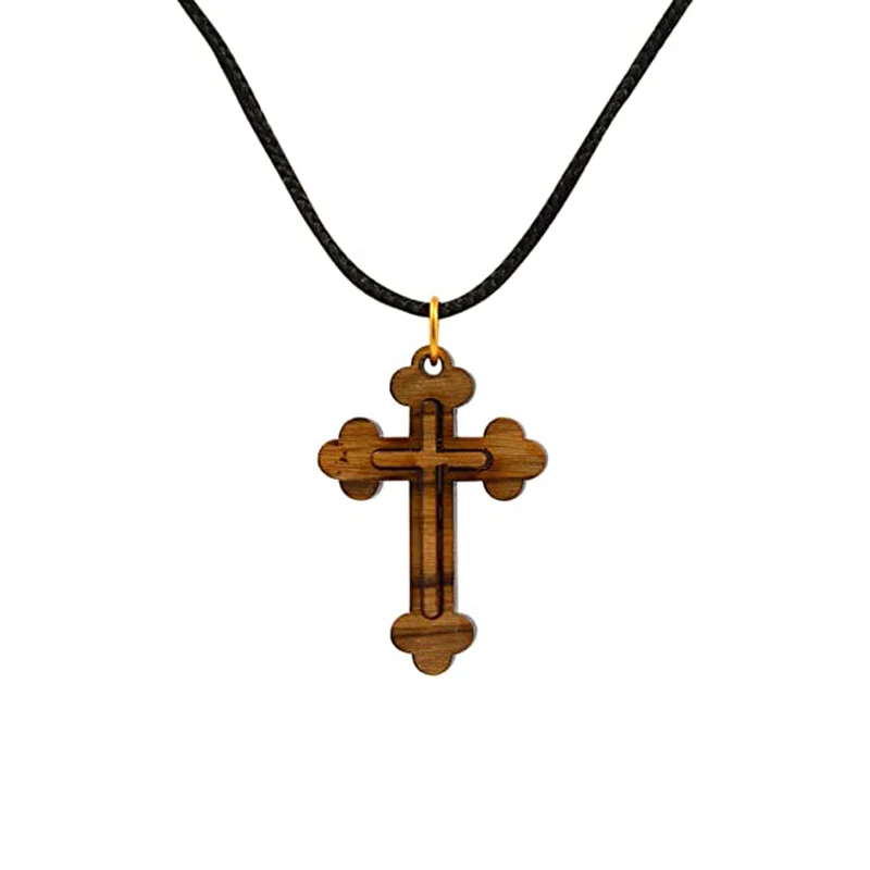 authentic olive wood Cross necklace Budded Cross Pendant on Black Cord Necklace in Natural Cotton Pouch