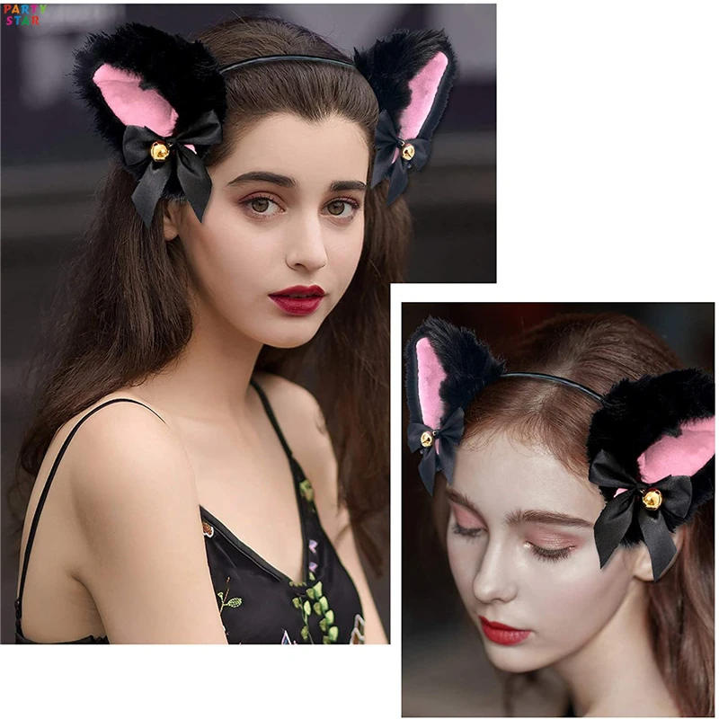Hot Sale Party Halloween Headband Ribbon Bow Bell Plush Hair Accessories Cute Cat Ears Girl Headdress