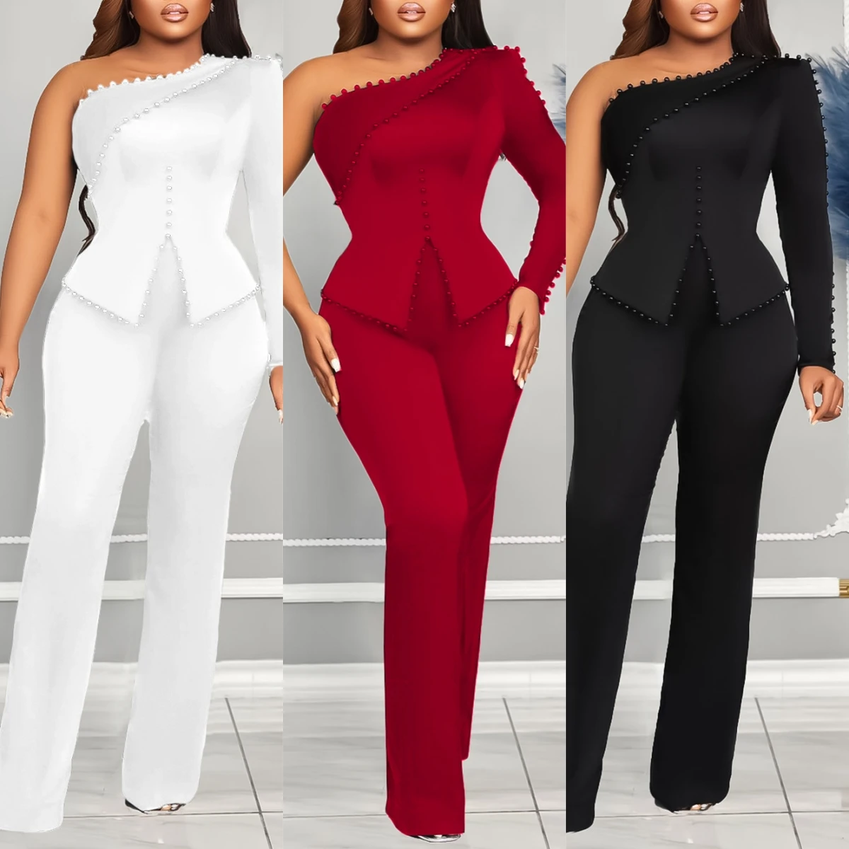 D463 Latest Design Outfits For Women Elegant Diagonal Shoulder Single Long Sleeve Beaded Top And Pants Set For Women Two Pieces