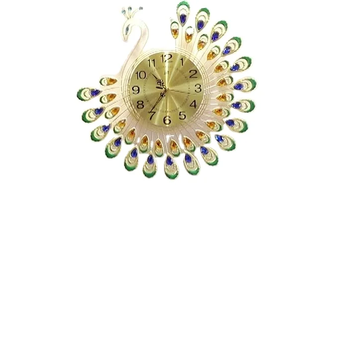 European style peacock wall clock, living room clock, modern decoration, silent wall hanging