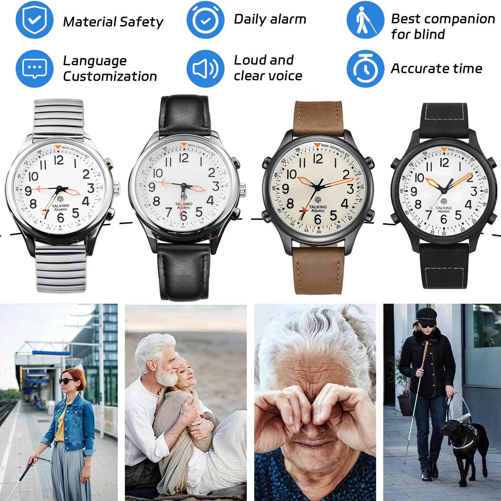English/German/French Atomic Talking Watch time and date with  Loud voice Alarm watch for Visually Impaired and old people