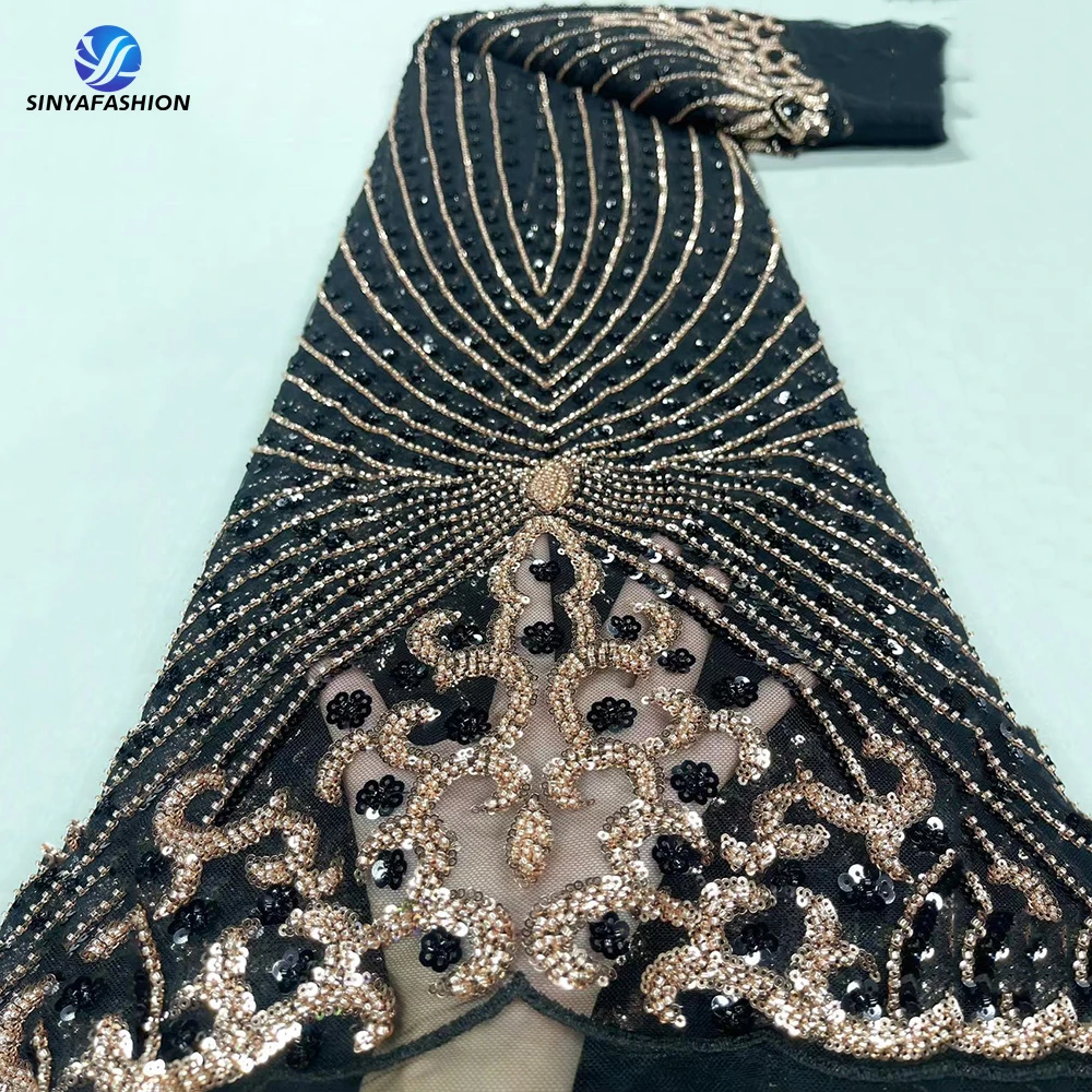 New Arrival Heavy Beaded Lace Fabric Tulle Bridal Luxury Fully Beaded Sequins Fabric For Women Luxury Party Dress