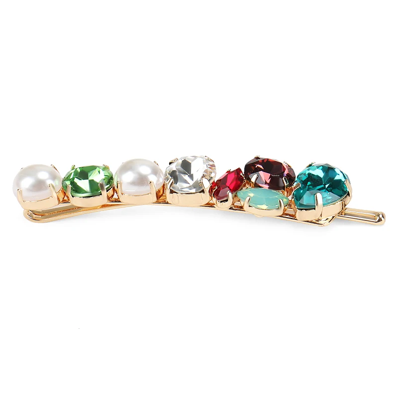 Women Gold Alloy Hair Clip Fashion Crystal and Pearl Hair Pins Colorful Crystal Pearl Hair Pin for Girls