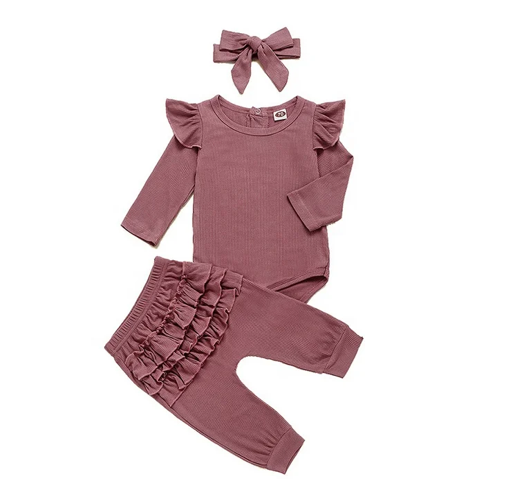 New Born Baby Girls Clothes Set Long Sleeve Ribbed Cotton Triangle Rompers Ruffled Pants Hairband Suit