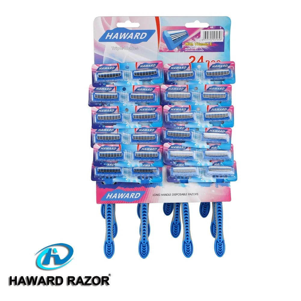 Three Blade Long Rubber Handle Hair Shaving Razor High Quality Disposable Razor With Safety Cover
