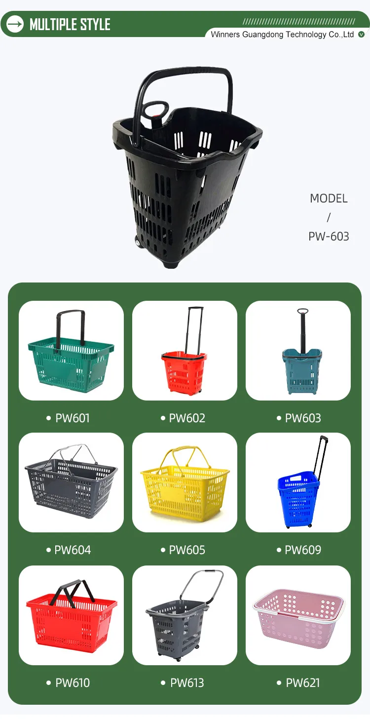 Large Capacity Supermarket Round Rolling Plastic Shopping Basket with Wheels