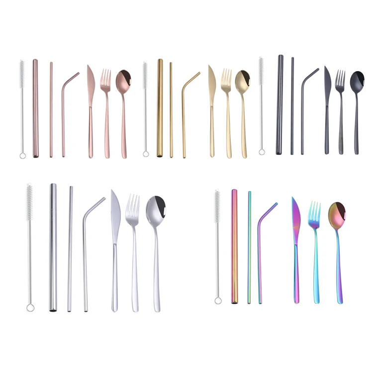
Reusable Stainless Steel Office Utensil Portable Metal Knife Fork Spoon Drinking Straw Travel Cutlery Set With Bag 