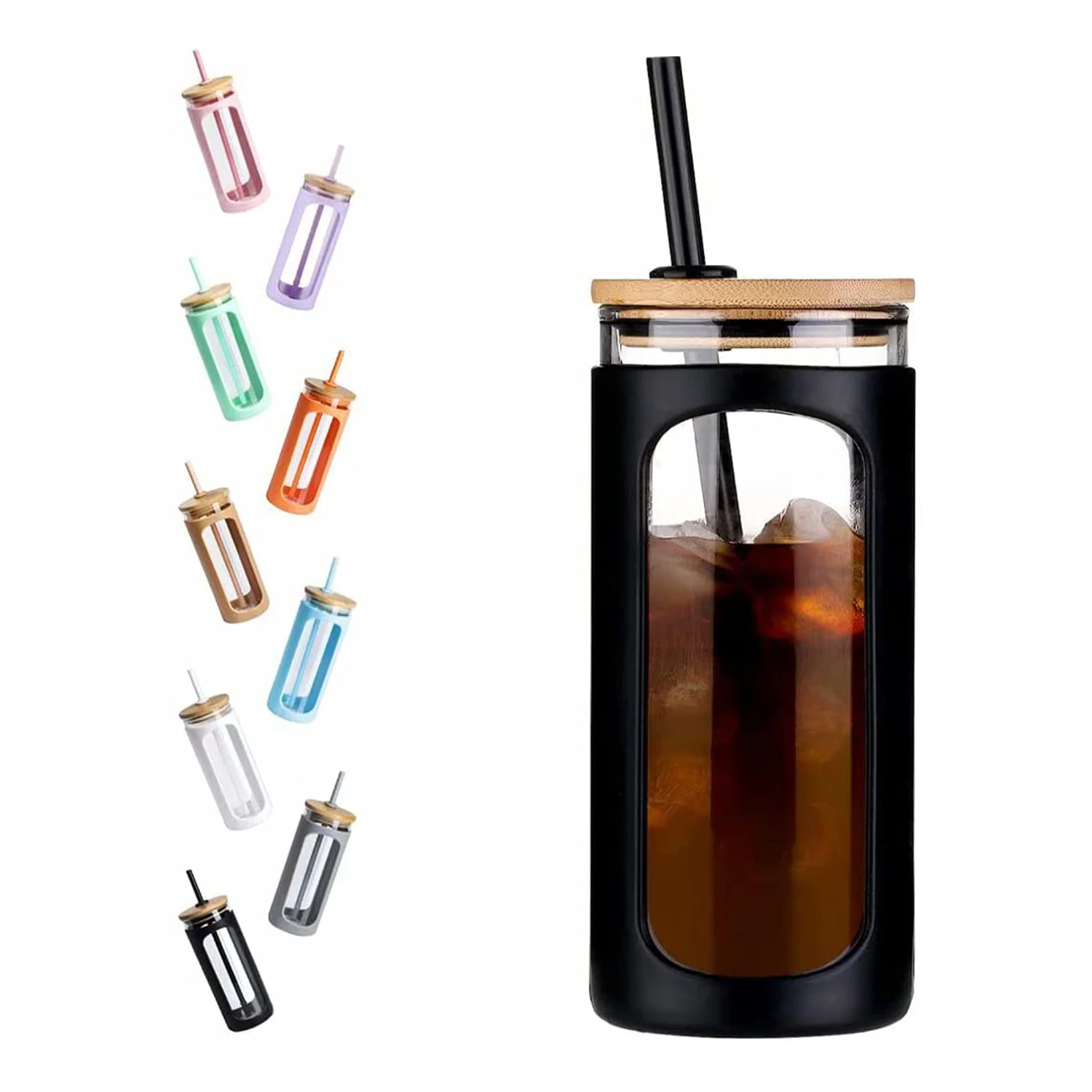 With Bamboo Lid Reusable Wide Mouth Smoothie Cup Straw Silicone Protective Sleeve Iced Coffee Cup Glass