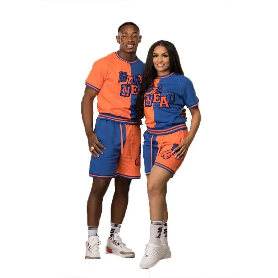 Goodselling new design chenille Towel Embroidery Color Block Couple Clothes Sets custom Logo t shirts and Shorts for men