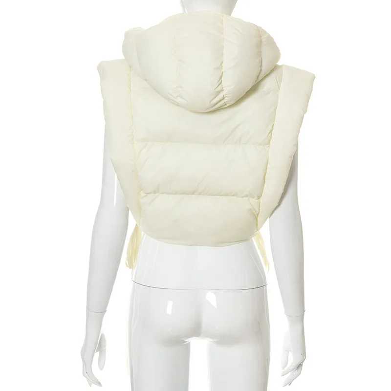 R10015 - fashion solid hooded hollow out bandage sleeveless women cotton padded jacket