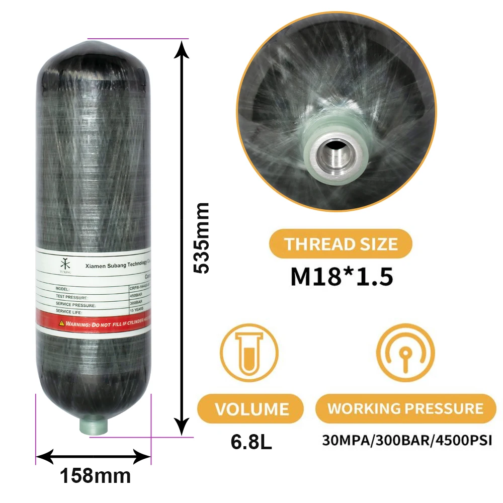 TUXING 6.8L High Pressure Tank HPA Air Bottle M18*1.5 Carbon Fiber 4500psi 30mpa 300bar PCP Air Tank With Filling Station Valve