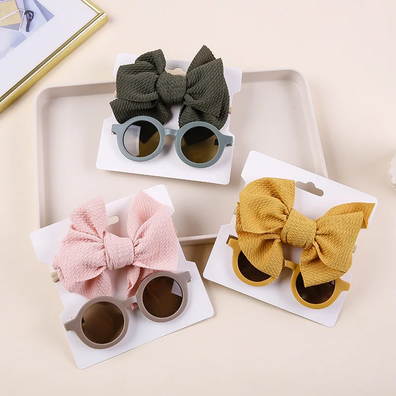 2Pcs/Set Sunglasses Elastic Baby Headband Beach Seaside Sun Glasses Kids Waffle Bow Headwear