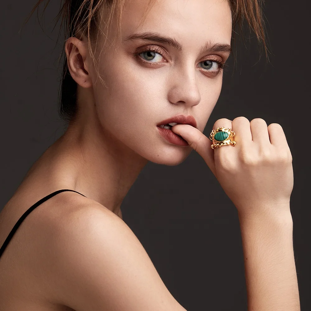 Latest High Quality 18K Gold Plated Brass Jewelry Malachite Metal Charm Natural Stone Accessories Ring R214105