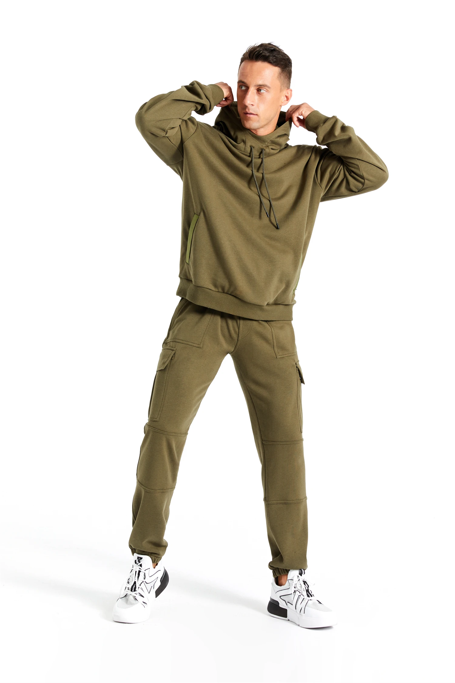 Custom Design 260GSM 100% Cotton Army Green Jumper Sports Style Long Sleeve Plus Size Men Hoodie