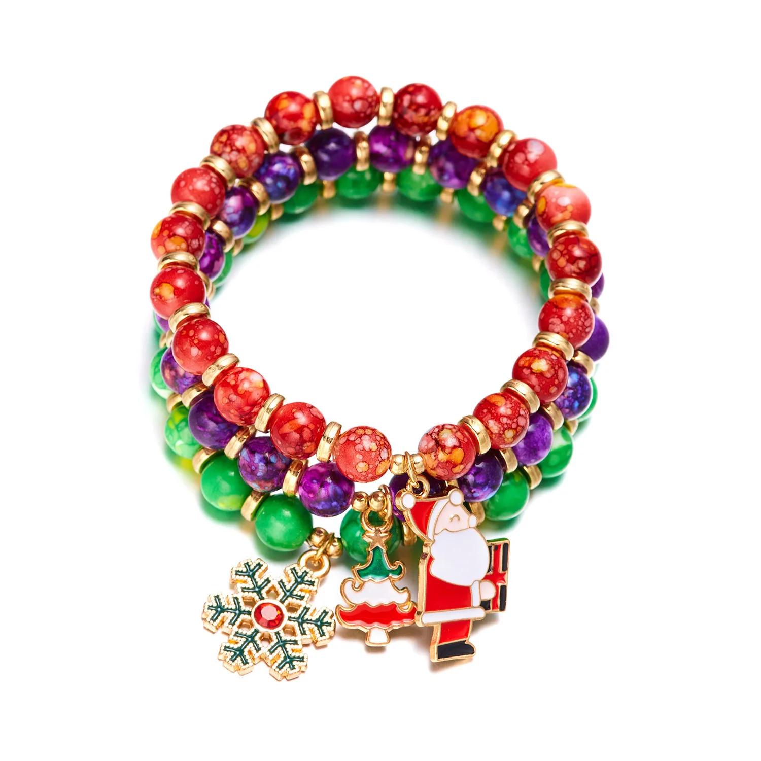 KOMI Wholesale New Christmas 3PCS Hand Bracelets Jewelry Set Christmas Tree Snowman Snowflake Charms Beaded Bracelet Set Gifts