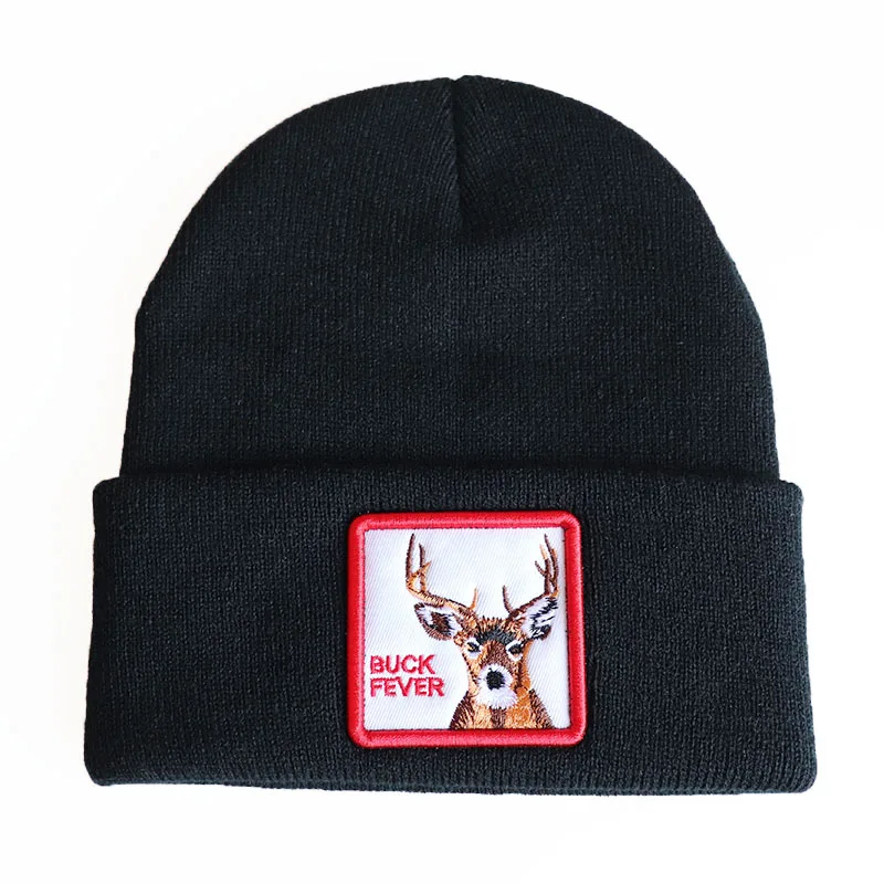 Popular Animal Rooster Embroidery Knitted Hat Deer Fox Wolf Elephant Tiger Shark Scorpion Sleeve Ski Cap Winter Cold Beanie