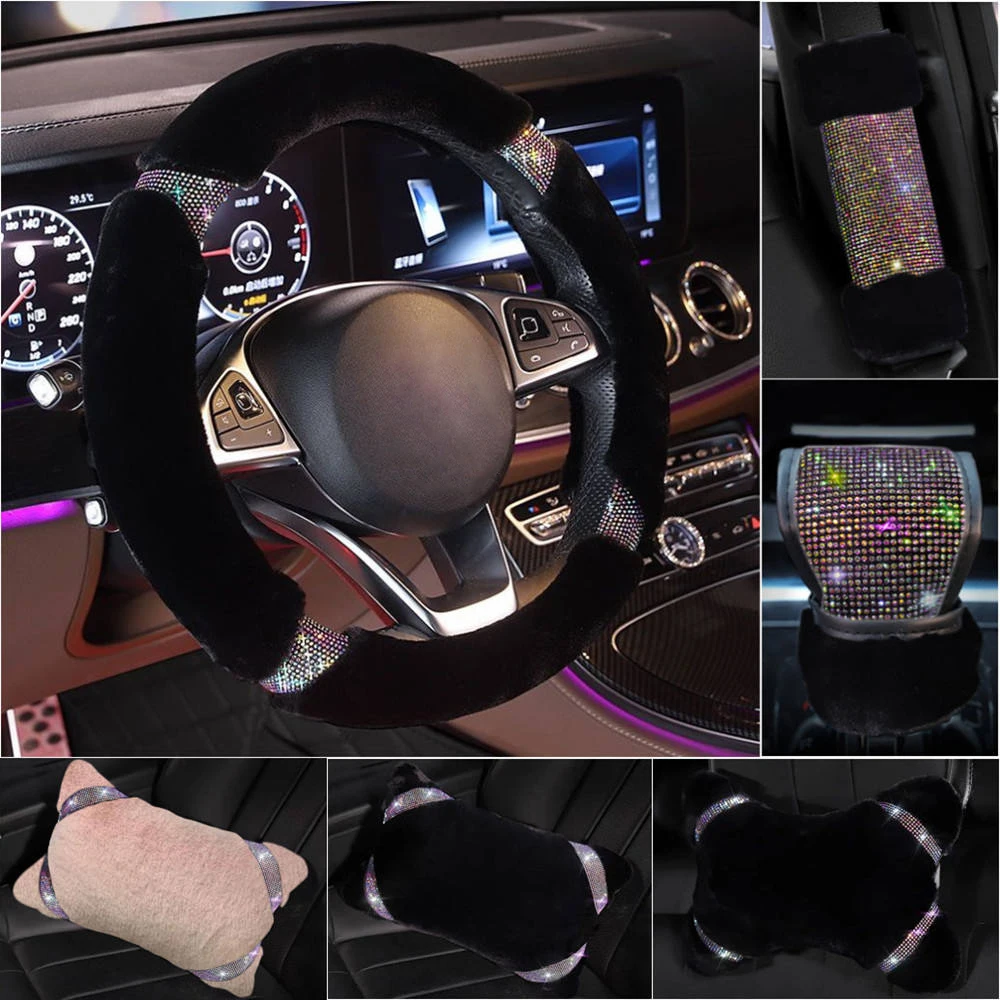Warm Plush Bling Steering Wheel Cover Pillow Shoulder Handbrake Gear Shift Cover Car Interior Decor Set