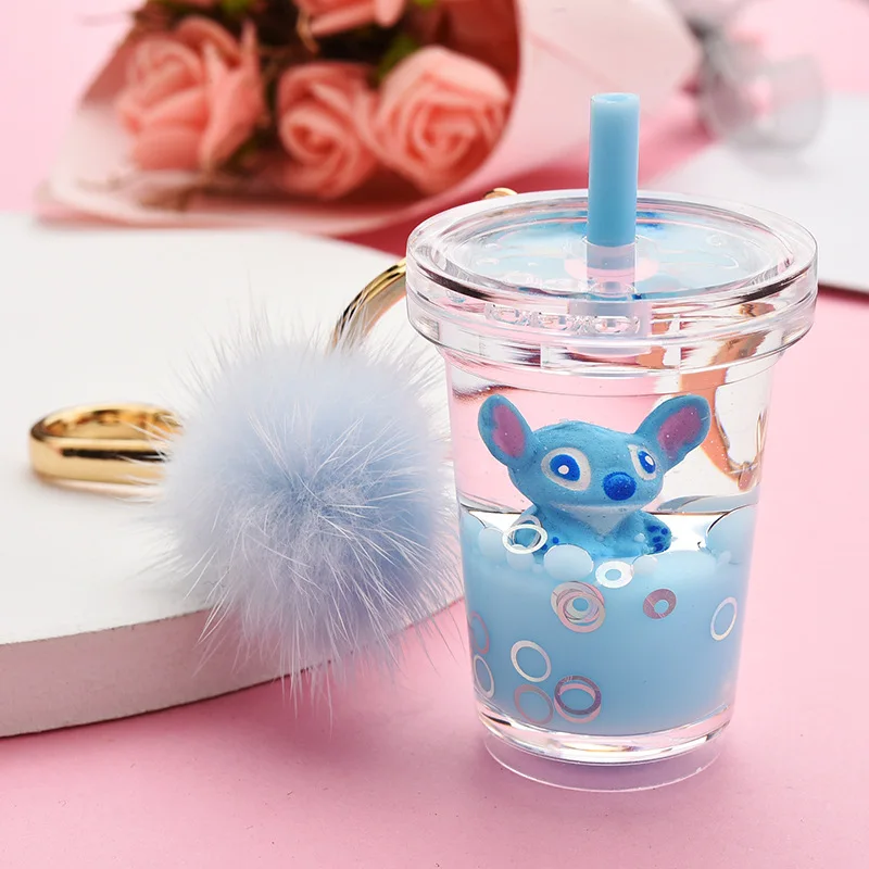 Acrylic Quicksand Keychain Pendant Milk Tea Cup Stitch Liquid Keychain  Pompom Keychain