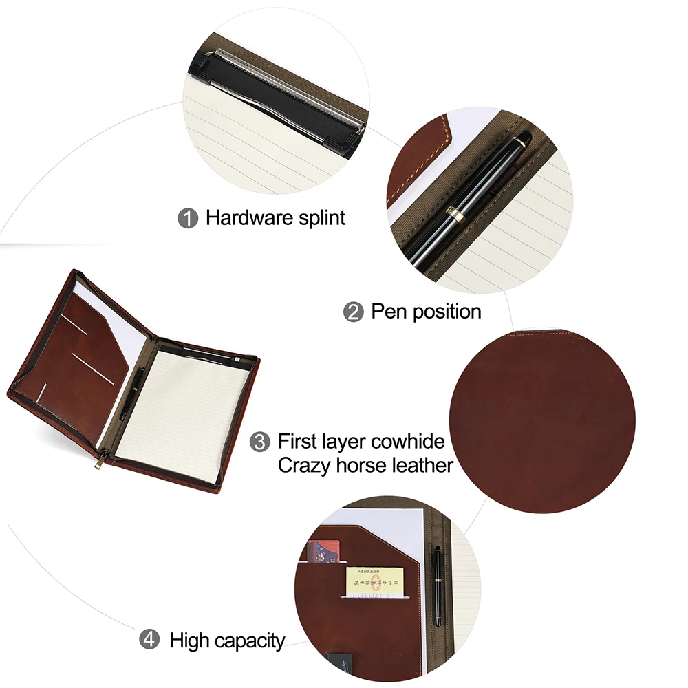 Business Genuine Leather A4 Conference File Folder Document Holder Organizer Bag Zipper Portfolio Folder for 12.9 inch Ipad