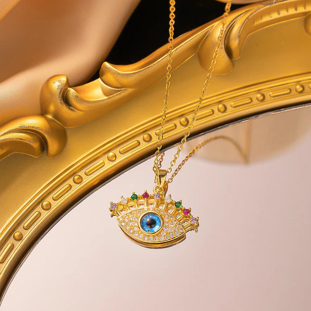 NUORO Turkish Blue Eyes Pendant Necklace Stainless Steel Collarbone Chain Copper Gold Plated Geometric Evil Eye Charm Necklace