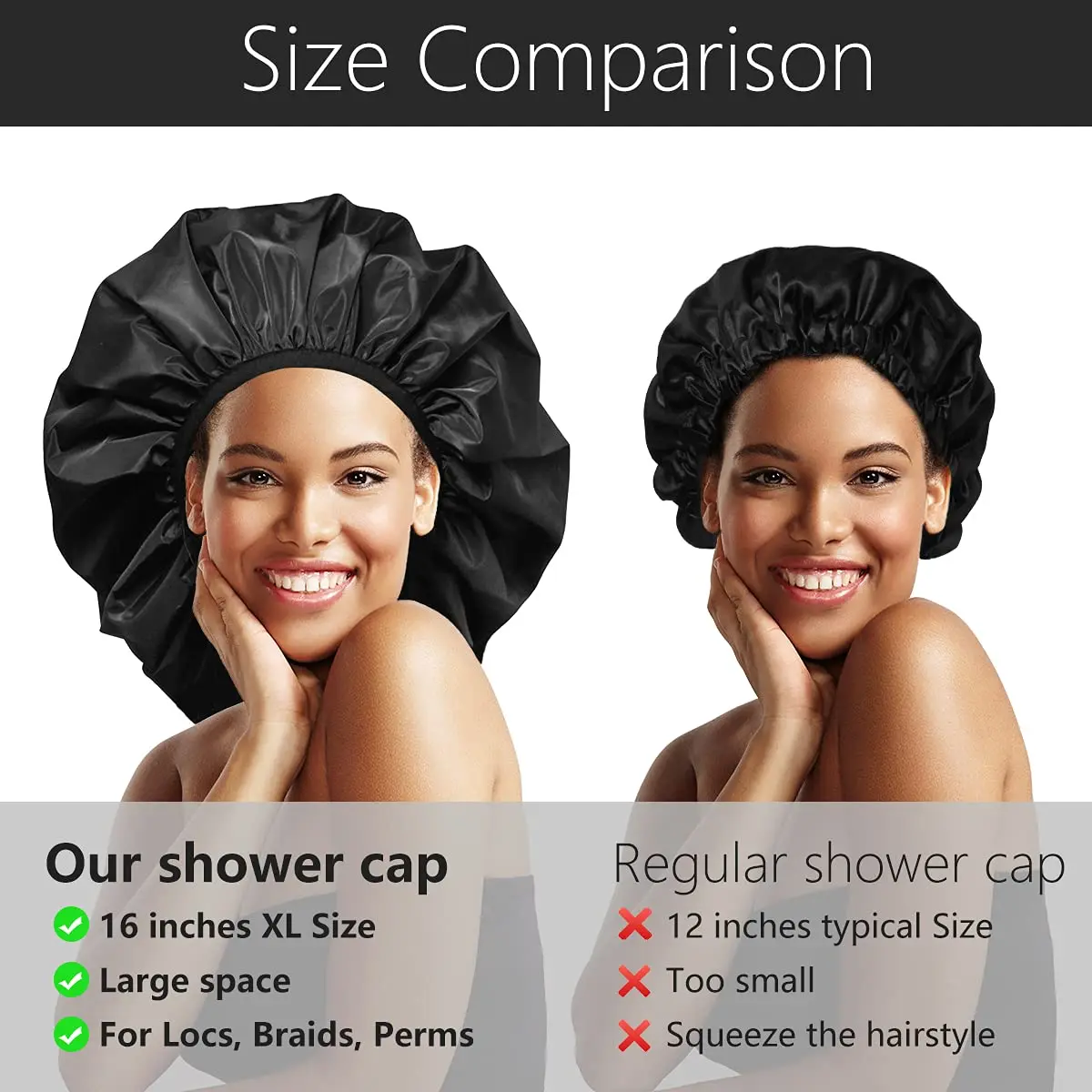 Extra Large Custom Shower Cap Double-Layer Waterproof Reusable XL Satin Lining Jumbo Shower Bonnet