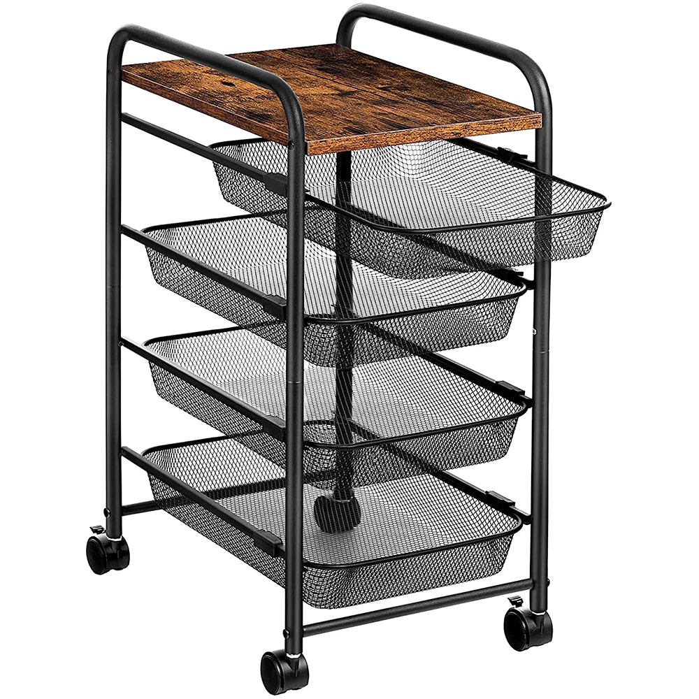 4-Tier Rolling Cart, Kitchen Cart on Wheels, Storage Cart with Lockable Wheels and Durable Steel Mesh Construction