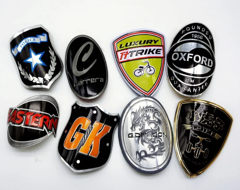 colorful aluminum sticker Custom Metal Label Bike Stickers Ride Emblems Bicycle Head Tube Badge metallic transfer 3D logo