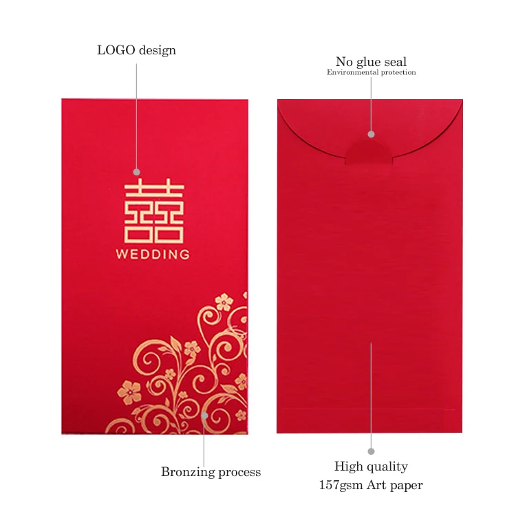 2021 wholesale custom printed wedding red packaging envelopes chinese new year red packets with logo