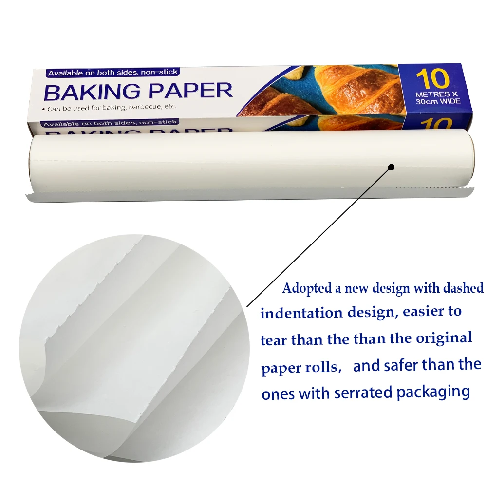 Custom 20m*30cm White Brown Kitchen Silicone Coated Baking Paper Roll Grease Oil Proof Dashed Indentation Parchment Bake Papers