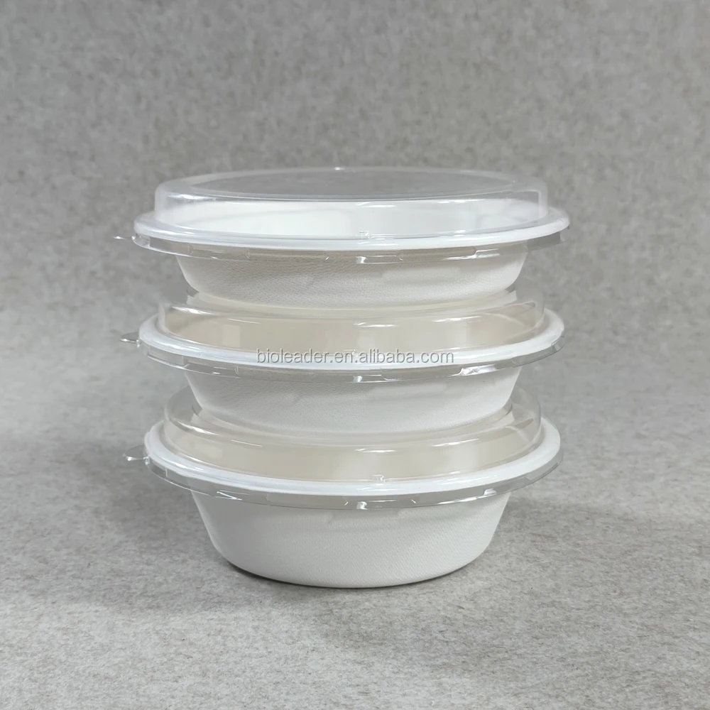 Disposable Biodegradable Sugarcane Bagasse 32oz 1000ml Soup Salad Bowl with PET Lid