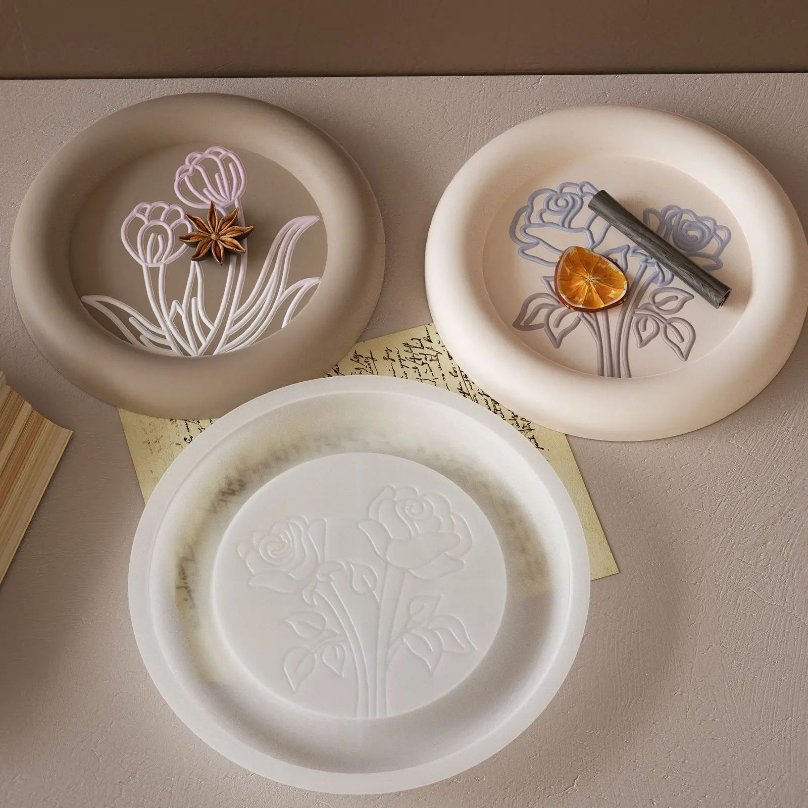 DIY epoxy resin gypsum round arc rose tulip embossed pattern tray saucer silicone mold