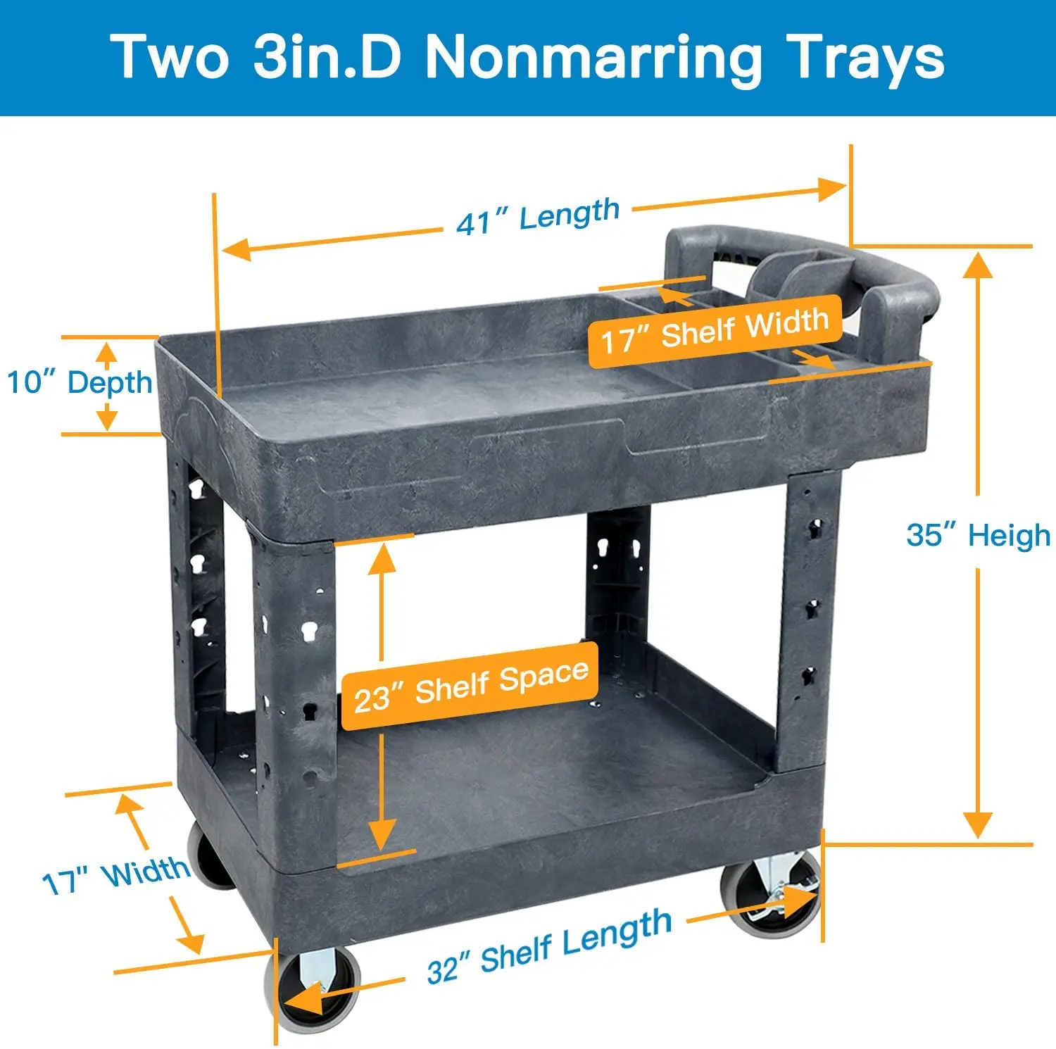 Eco-friendly Multifunctional Two Tray Handle 500lb Heavy Duty Plastic Utility Carts Service Trolley Rolling Tool Carts