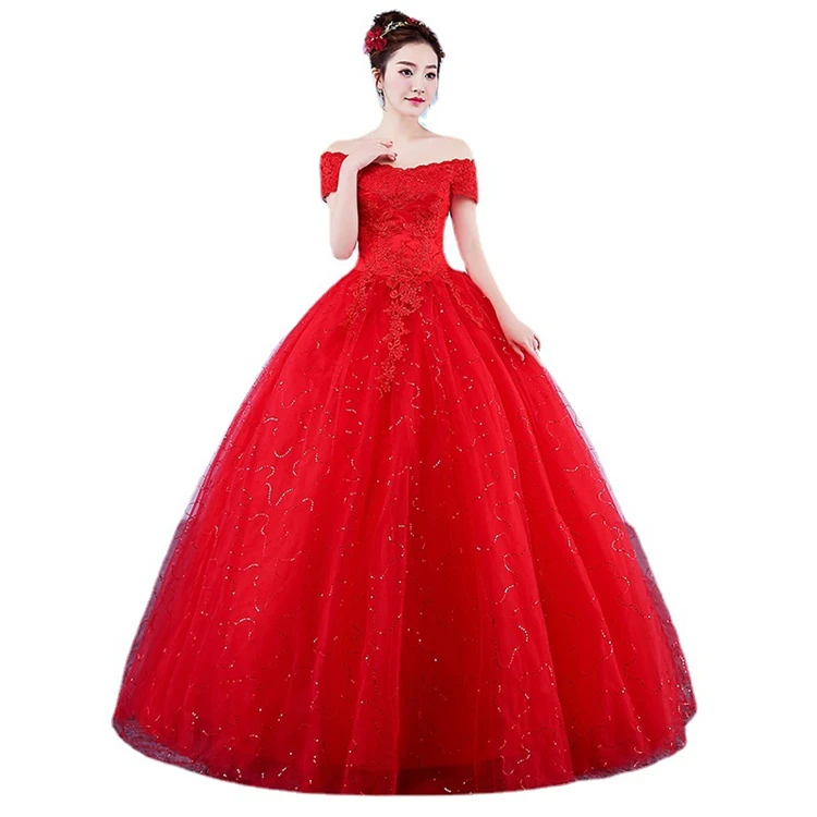 Bride Adult Ceremony One Shoulder Korean Style Custom Size Floor Length 2021 Wedding Dress Lace Red Wedding Dresses