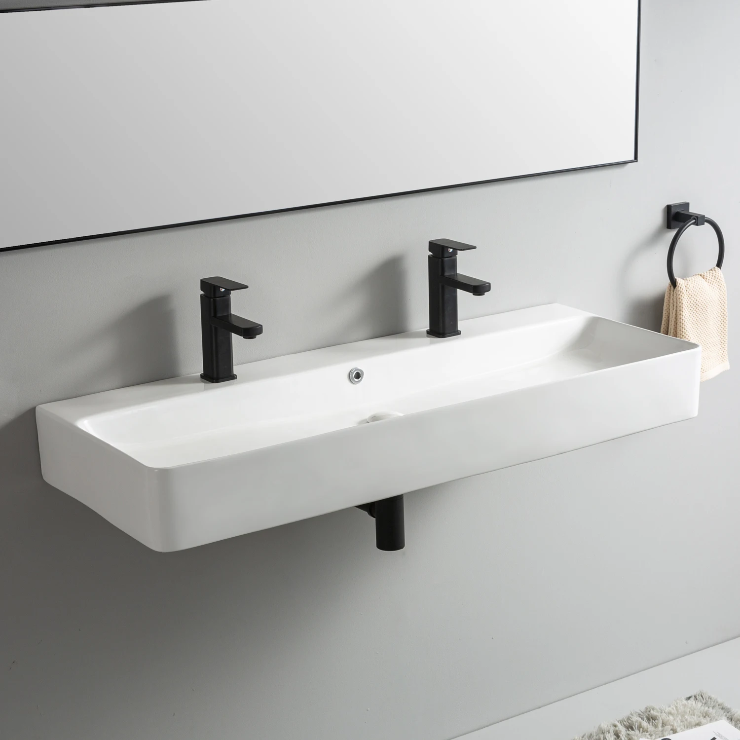 Competitive Price Wall Hung Mounted Ceramic Bathroom Vessel Double Sinks Large Rectangular Double Wash Basins