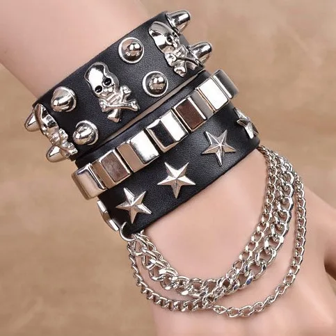 European and American fashion leather wide bracelet personality domineering skeleton rivet punk hip-hop personality bracelet