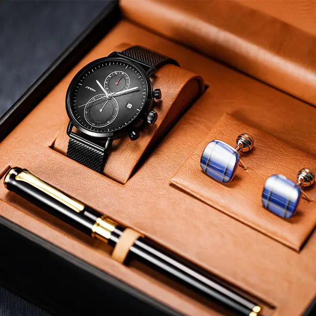 Wholesale Exquisite Quality Birthday Father and Business Gift Set With Box Cufflinks Fountain Pen Suit Quartz mens watch sets