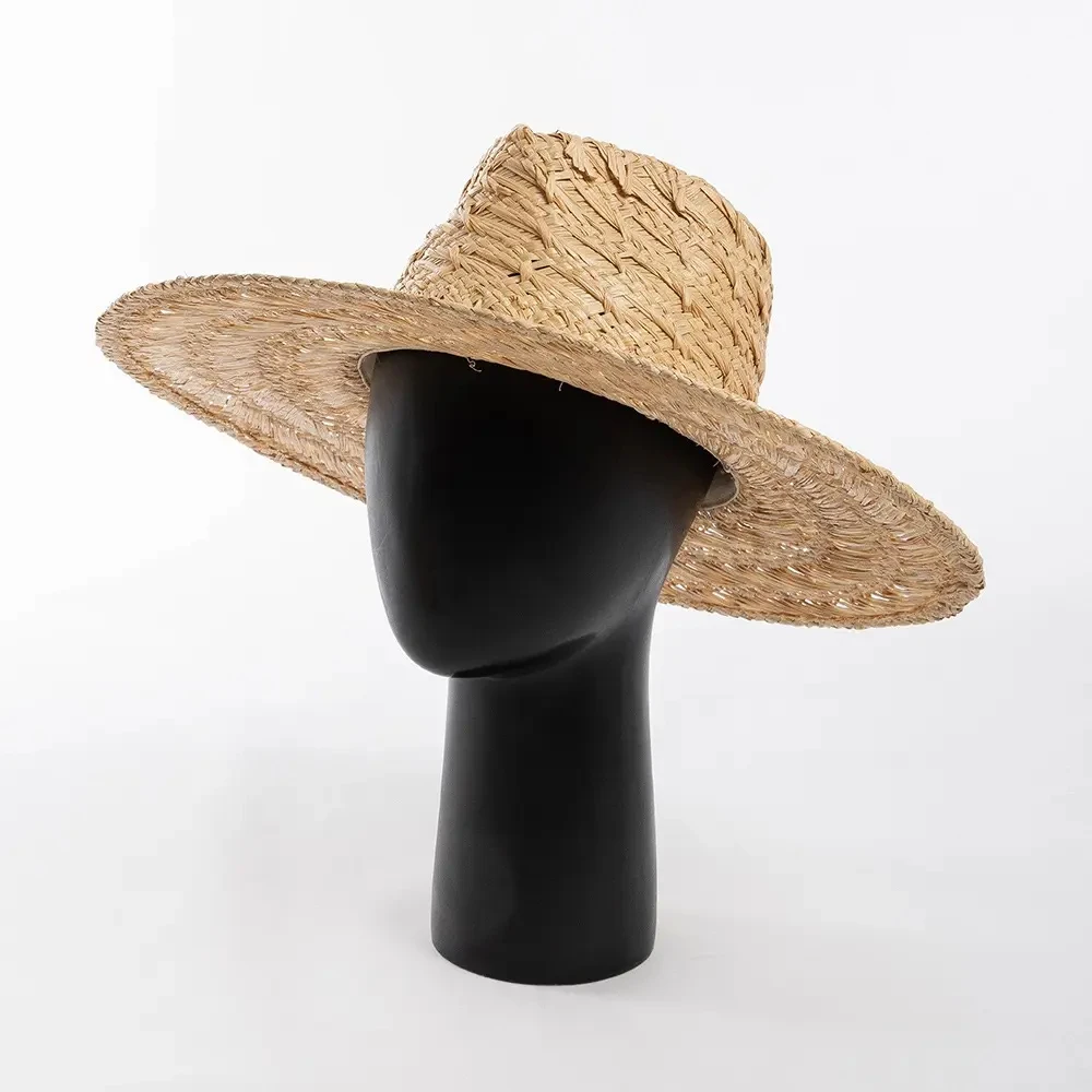 Boho Luxury Summer Hand Weave Pattern Unisex Blank Wide Brim Large brim Hats Natural Raffia Straw Panama Sun Hat