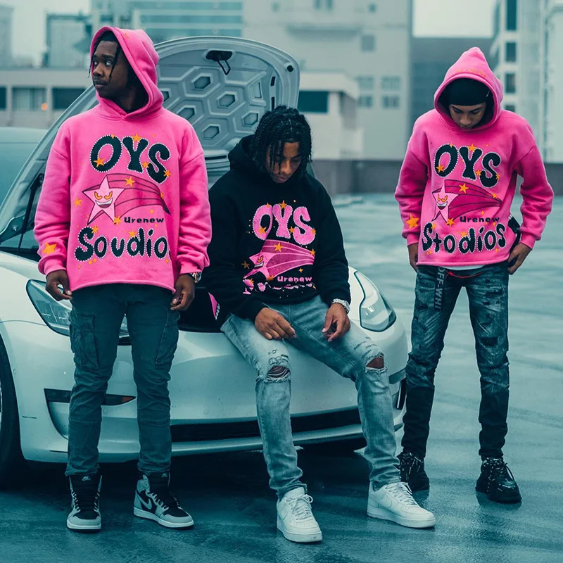 Custom rhinestone logo sweatshirts hoodies no string cut and sew oversized pullover french terry cotton cut edgs raw hem hoodie