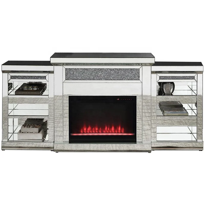 Faux diamond crystal glam mirrored TV console LED light fireplace with bluetooths