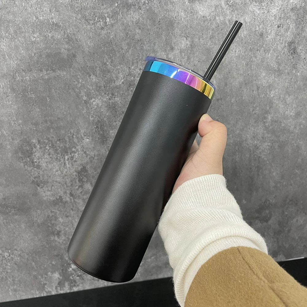 wholesale bulk double walled stainless steel powder coated 20oz rainbow plated skinny tumbler with slide lid for laser engrave