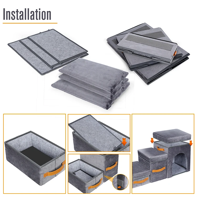 Luxury 3 layers dog stairs gray durable pet ramp steps with storage function for high sofa